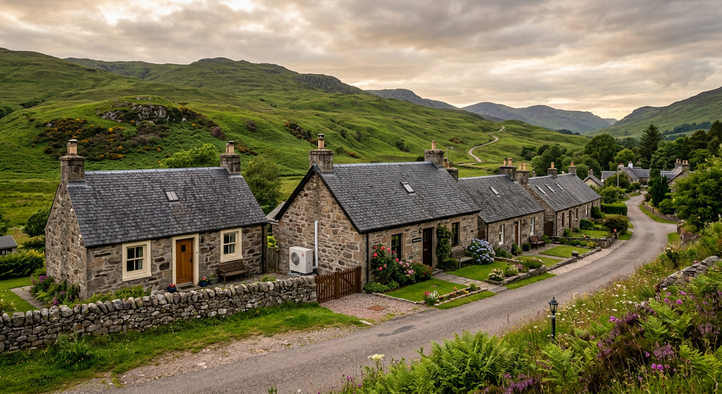 Traditional Scottish stone cottages with slate roofs and an air source heat pump
