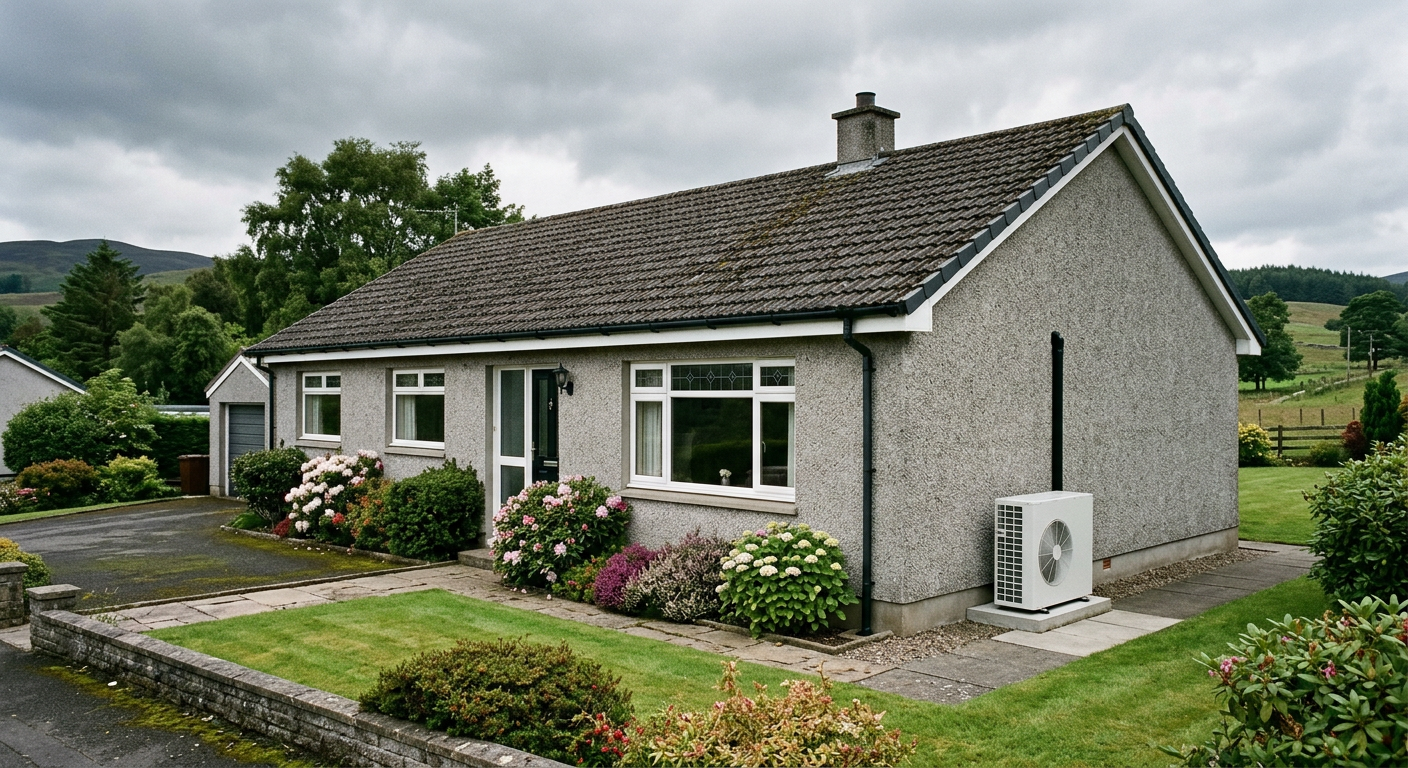 Pebbledash Scottish bungalow with an air source heat pump by the side wall
