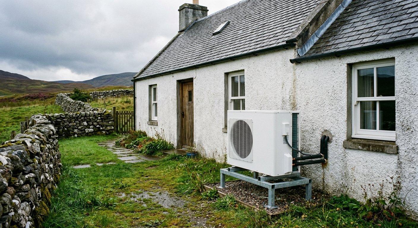 Air source heat pump on a ground frame beside a white harled Scottish cottage with a slate roof