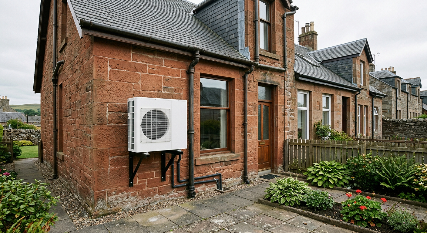 Wall-mounted air source heat pump at the back of a red sandstone terraced house in Scotland