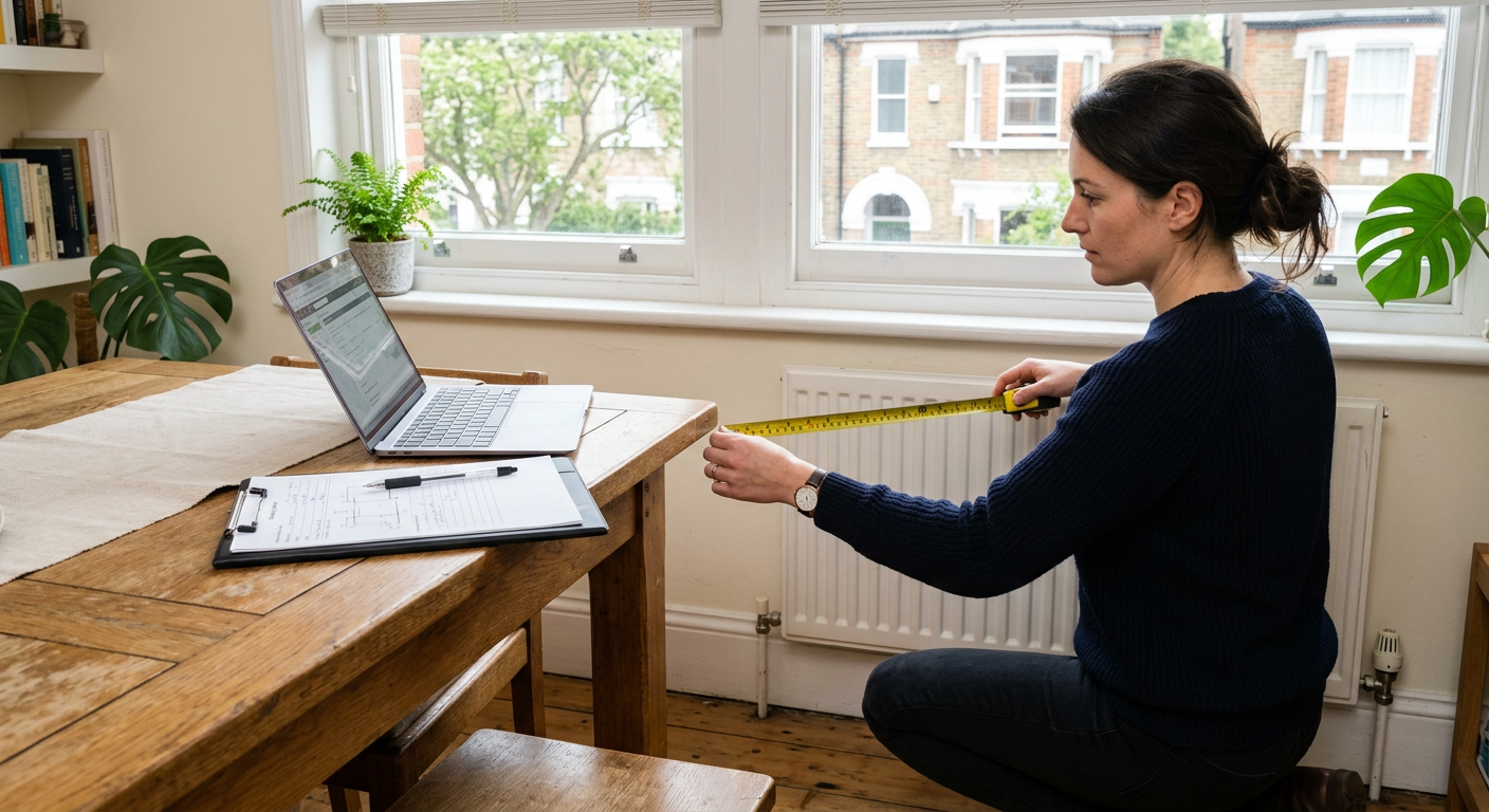 Surveyor measuring a radiator during a home heating survey