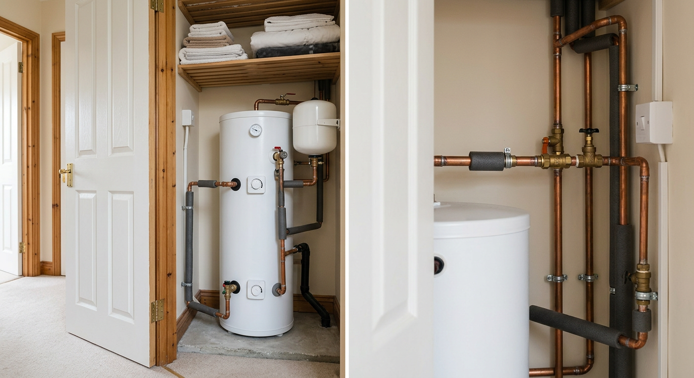 Hot water cylinder with insulated pipework fitted in a tidy airing cupboard