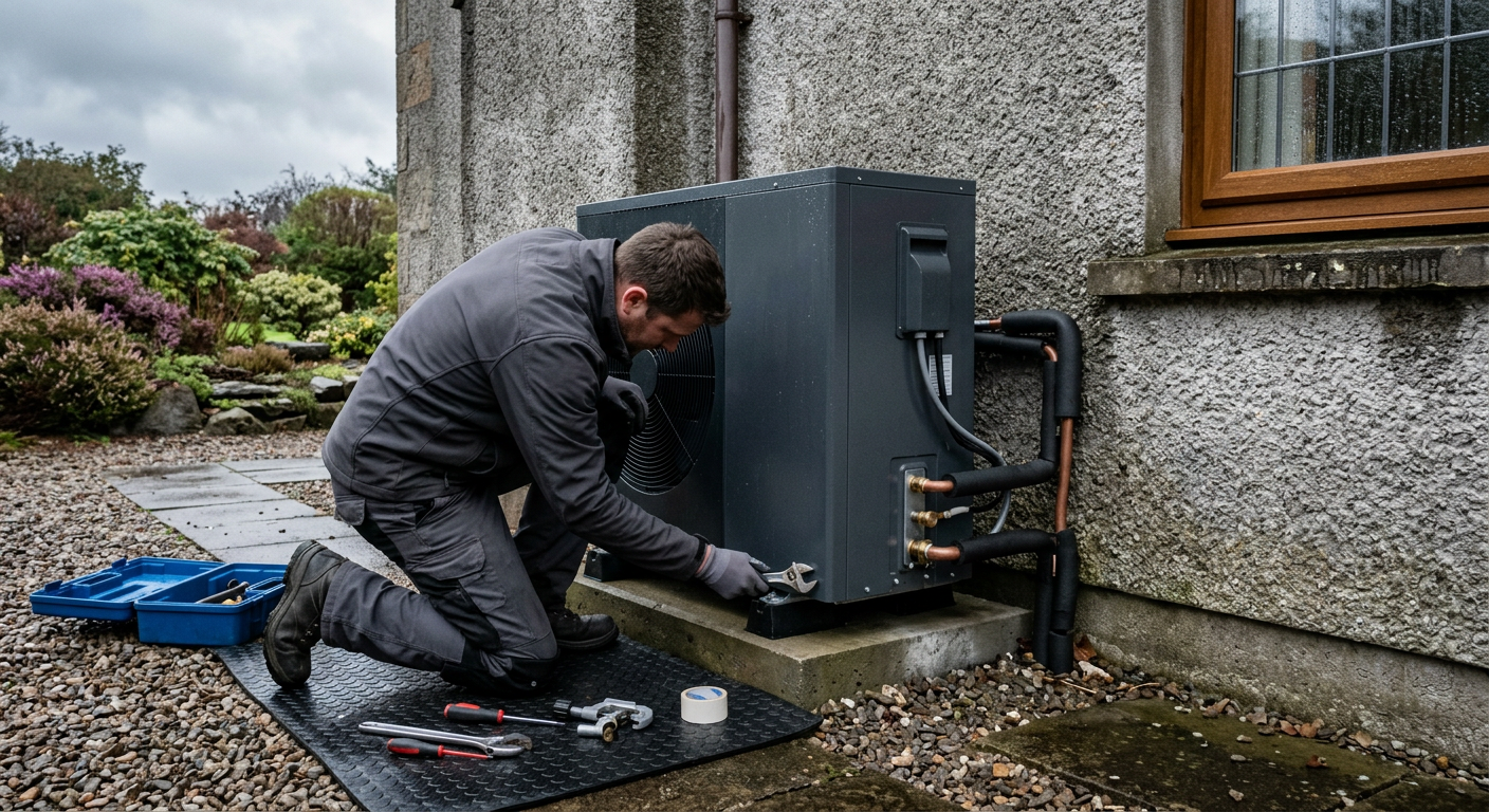 Heating engineer connecting pipework to an air source heat pump beside a roughcast Scottish house