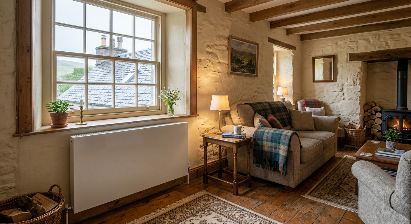 Large panel radiator under a sash window in a warm Scottish living room