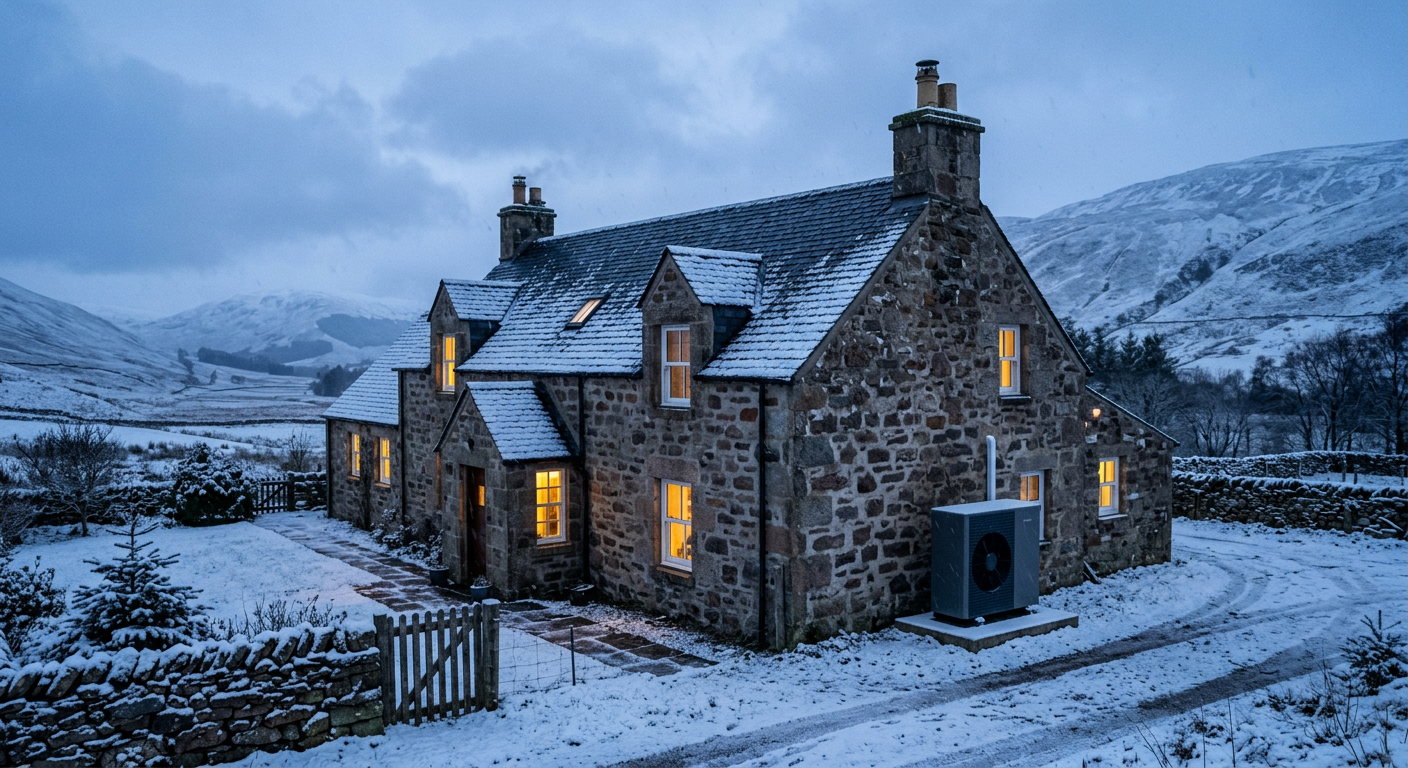 Stone Scottish farmhouse in light snow at dusk with an air source heat pump beside it